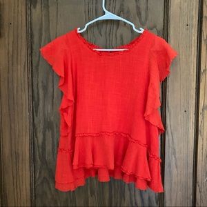 Anthropologie Maeve Red-Orange Flutter Sleeve Blouse